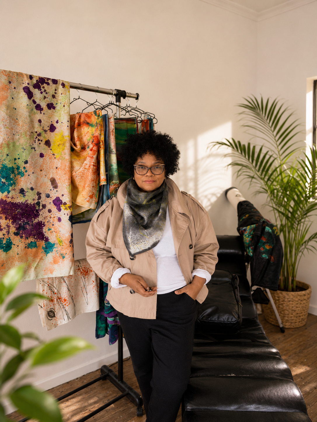 Hand-painted silk scarf on Mulberry silk - transformation and movement captured in an artist studio by South African artisan brand